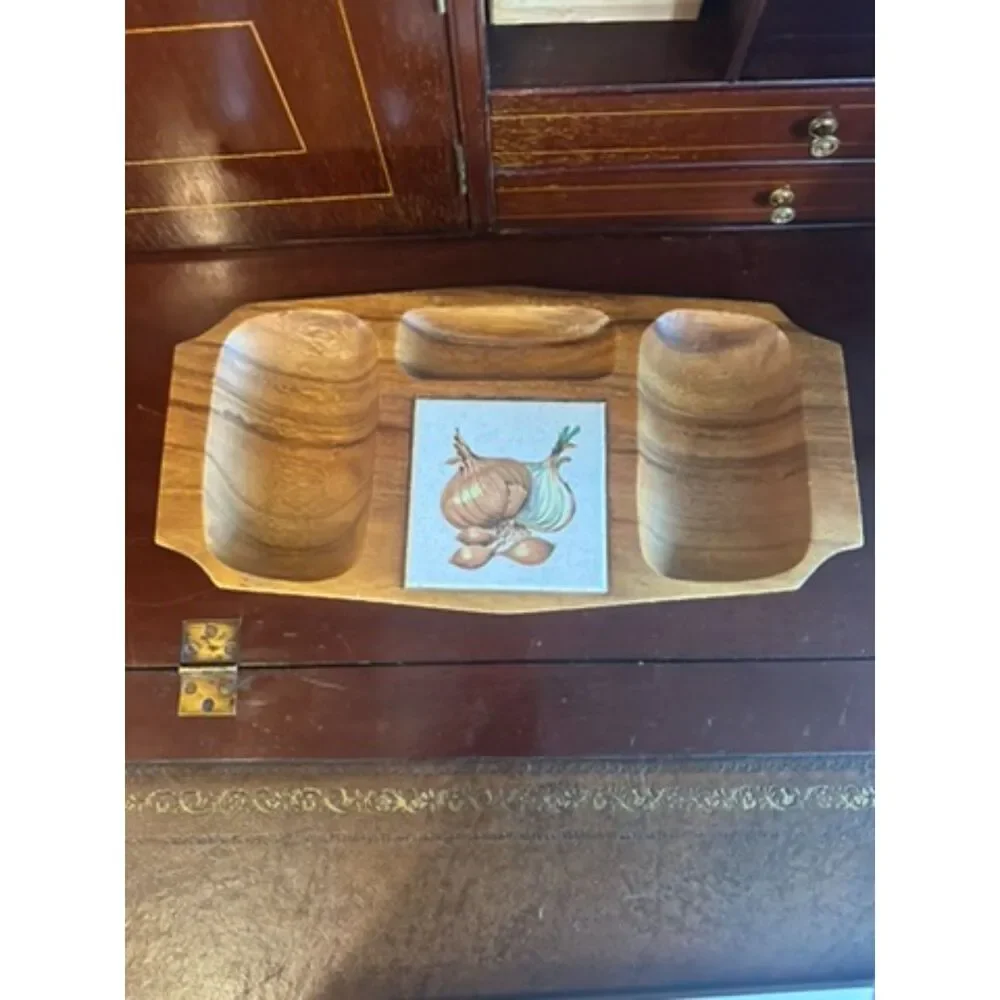 Vintage Mid-Century Wood Serving Charcuterie Tray with Vegetable Tile Inlay